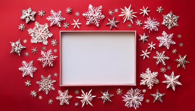 cadre de flocons de neige scintillants sur fond rouge avec espace blanc central ambiance festive et hivernale pour cartes de voeux noel et nouvel an espace negatif copyspace