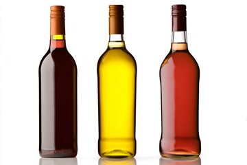 Three elegant wine bottles with red white and