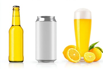 Selection of beverages: beer bottle, blank can, glass of orange juice