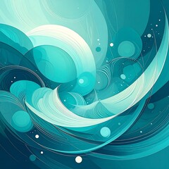 A swirling composition of turquoise and white abstract shapes creates a dynamic and ethereal scene.