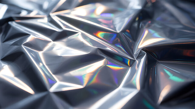 A close-up of a crumpled silver holographic foil with iridescent rainbow reflections. - Powered by Adobe