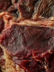 Close-up image of aged beef showcasing marbling, texture, and rich color, highlighting butchery process in a butcher shop on a sunny day
