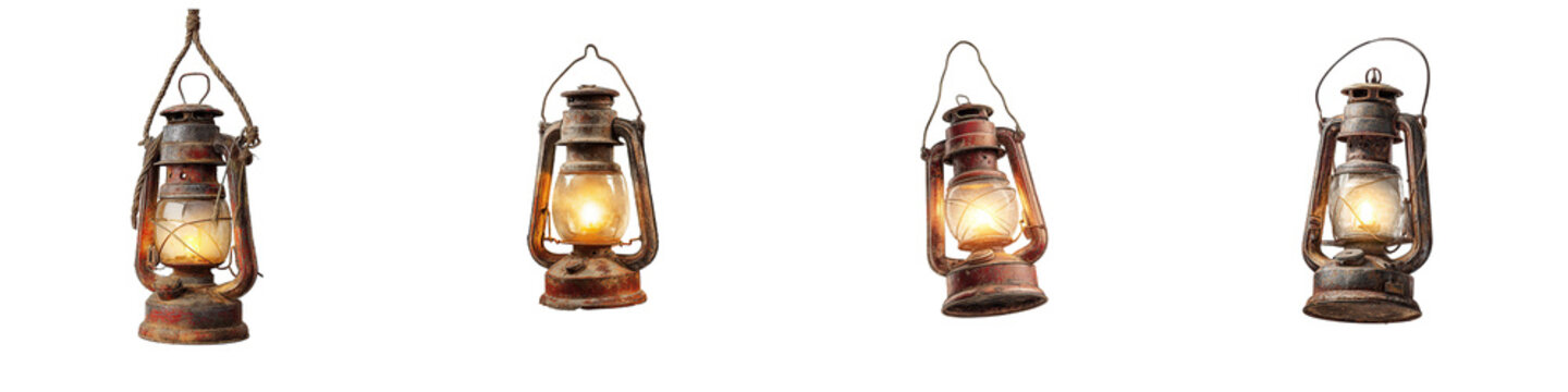 Flying Vintage Oil Lanterns with Dynamic Light, Isolated on Transparent Background


