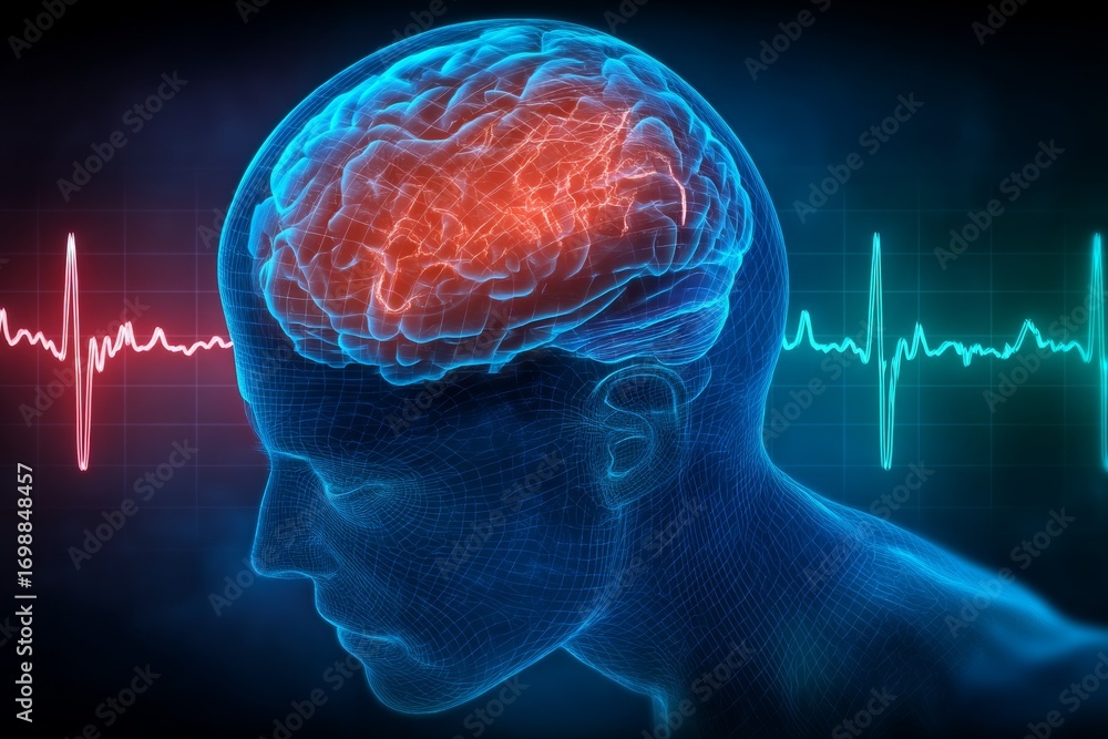 Poster human brain activity with heartbeat pulse and neural pathways