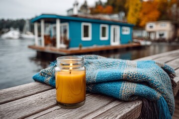 Cozy autumn scene with candle and blanket on dock by lake house