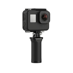 Black action camera with handle isolated on transparent background