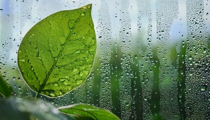 a close up of raindrops on a window with a green leaf in the foreground and lush greenery blurred in the background