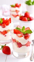 Layers of creamy dessert with fresh strawberries, topped with mint