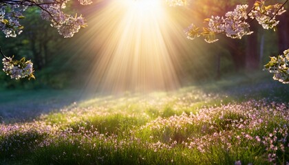 soft sacred glow of light beaming from above in blooming nature scene