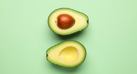 Creative flat lay of a fresh ripe avocado cut in half, one piece with the seed, on a pastel green background, symbolizing a healthy diet and wholesome nutrition