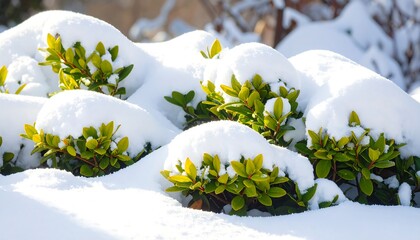 Lush green bushes are completely covered in a fresh layer of white snow.