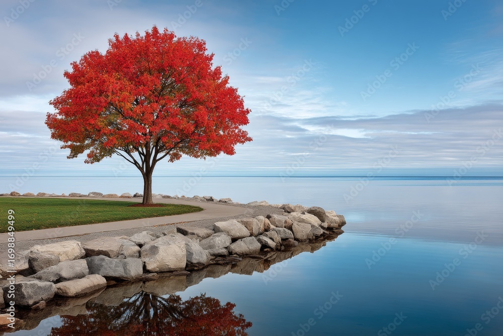 Poster vibrant red maple tree by lakeside with stone path and calm reflections