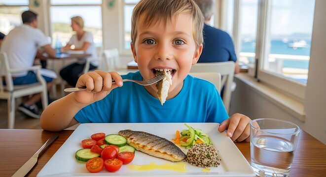 Young boy eating fish and vegetables at a restaurant.