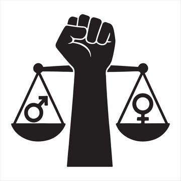 Symbolic representation of the fight for gender equality, showing a protest fist and balanced scales of justice for men and women