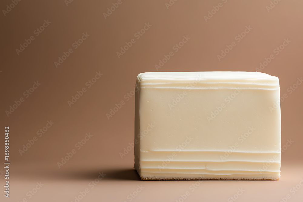Poster minimalist image of a block of cream-colored substance on a neutral background, suitable for various