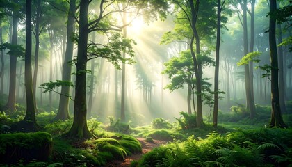 Fototapeta premium Sunlight streams through a misty forest (4)