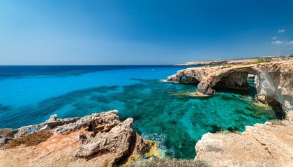 Fototapeta premium turquoise waters meet rugged limestone cliffs in ayia napa cyprus the shoreline features rock formations love arch caves sparse vegetation and a bright blue sky