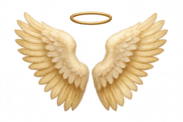 Beautiful white feathered angel wings and golden halo floating on a transparent background, perfect for spiritual or religious designs
