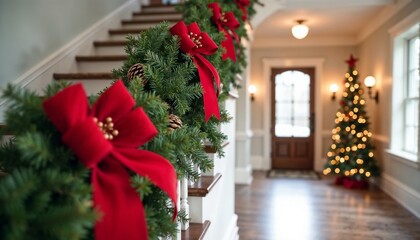 Holiday decorations, beautiful garland with bright red bows adorns staircase in modern home. Holiday decorations with festive winter greenery, pine cones.