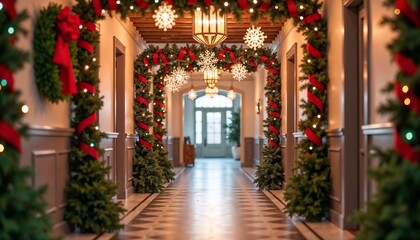 Fototapeta premium Festive Holiday decorations adorn long hallway in a home during winter season. Holiday decorations sparkle and create festive atmosphere with evergreens and garlands.