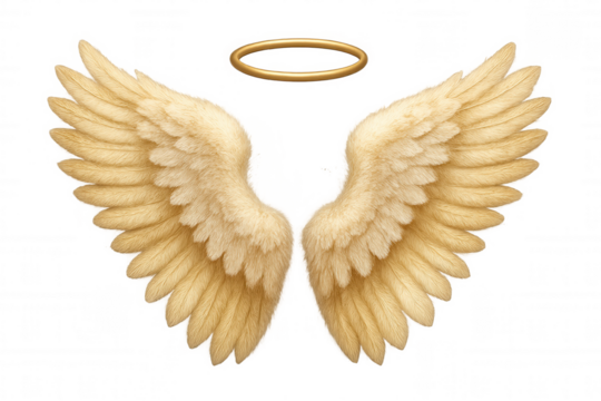 Beautiful white feathered angel wings and golden halo floating on a transparent background, perfect for spiritual or religious designs