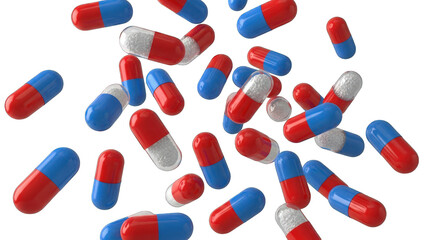 Scattered Red and Blue Pharmaceutical Capsules on White Background.
