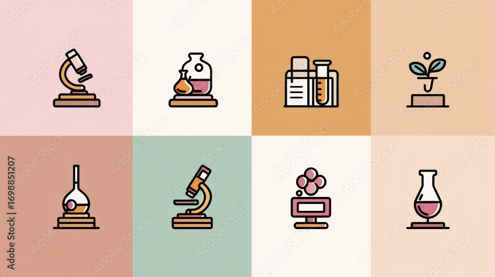 Poster laboratory equipment and science icons representing different aspects of research and experimentatio