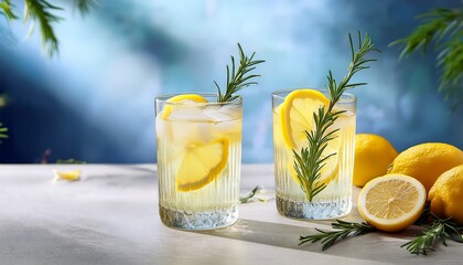 refreshing summer cocktails with lemon slices and rosemary in clear glasses on a cool surface with whole lemons in soft focus background