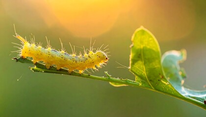 Fototapeta premium Close-up of a yellow caterpillar on a leaf in sunlight