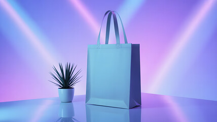 Minimalist light blue paper shopping bag with plant and neon lights background