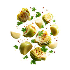 Marinated artichoke hearts rotating in mid-air with olive oil gleam and seasoning particles suspended around them