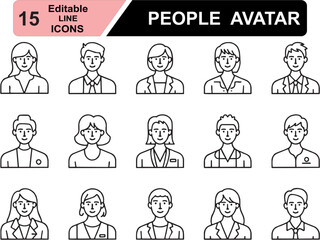 People avatar outline icon set. Containing user profiles, portraits, team members, business staff, professionals, and more. Editable stroke. Vector illustration.