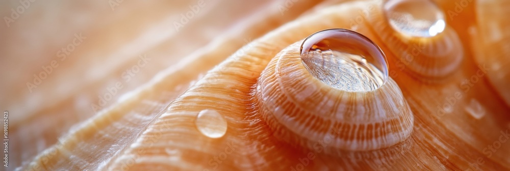 Poster close-up of water droplets on a seashell highlighting intricate patterns and textures in a warm, nat