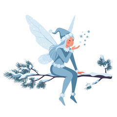 Fototapeta premium Winter fairy blowing magic snowflakes while sitting on a tree branch, transparent background, vector 