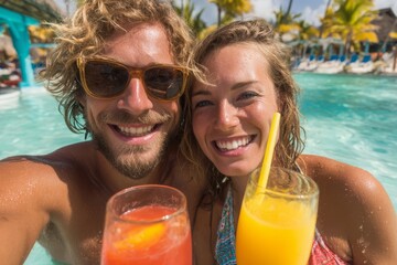 Happy young couple taking a selfie while enjoying cocktails in a tropical swimming pool during their summer vacation, creating unforgettable memories.
