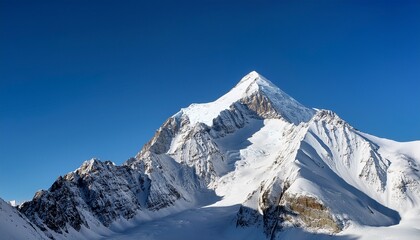a snowy mountain peak with a clear blue sky above casting shadows on the white slopes below the peak is sharp and bright against the clear blue sky