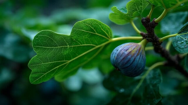A close-up of a ripe purple fig on a fig branch, showcasing the fruit&rsquo;s rich color, texture, and freshness in a natural setting.