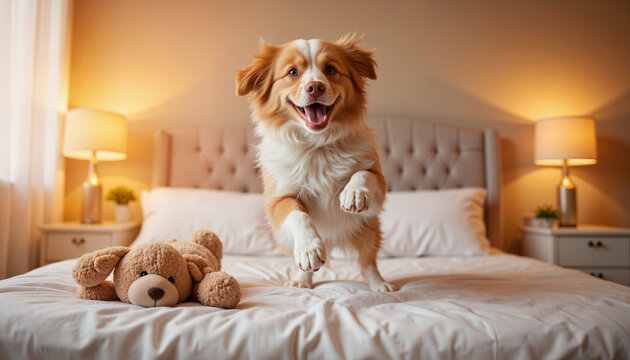 Happy dog joyfully jumping on cozy bed, warm evening ambiance - Powered by Adobe