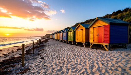 Colorful beach huts at sunset