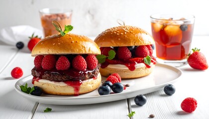 Two gourmet hamburgers adorned with fresh raspberries, blueberries, and strawberries, presented on a white plate with a glass of iced tea.