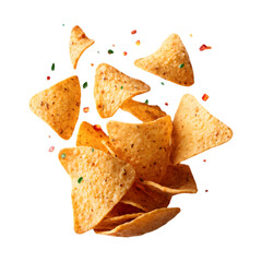 tortilla chips mid-toss with scattered salsa roja droplets and spice dust