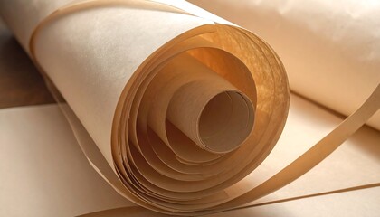Close-up view of rolled beige paper, showcasing intricate layers and smooth texture.