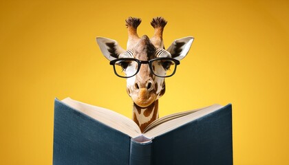 giraffe with glasses opened book on yellow © Silas