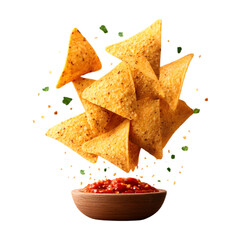 tortilla chips mid-toss with scattered salsa roja droplets and spice dust