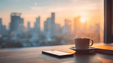 In a contemporary office environment, a stylish desk showcases a steaming cup of coffee nestled alongside a sleek smartphone. Beyond the window, a stunning sunset casts a warm glow over the citys skyl