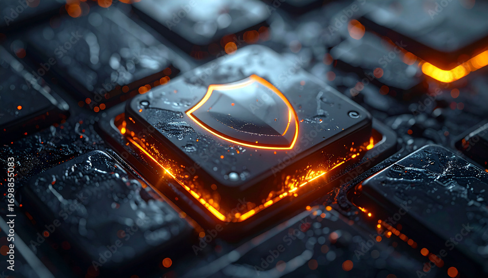 Poster digital fortress: high-tech circuit board features a prominent security shield, a symbol of protecti