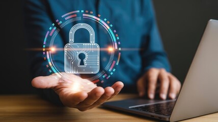 Protecting digital data with a secure padlock icon and modern laptop for online safety