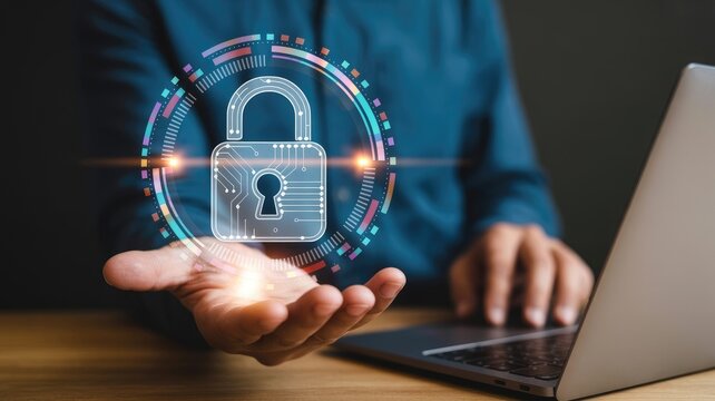 Protecting digital data with a secure padlock icon and modern laptop for online safety