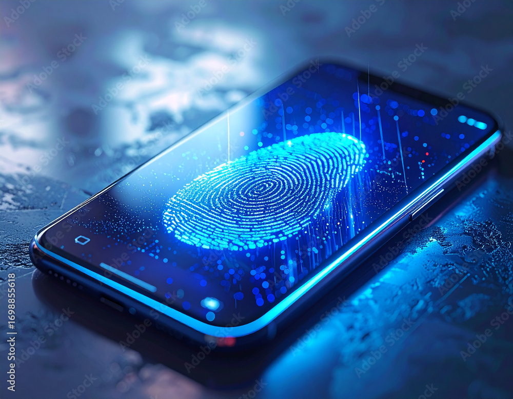 Poster biometric security: a contemporary smartphone displays an illuminated fingerprint, highlighting the 