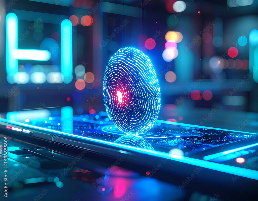 Poster digital identity: a glowing fingerprint hovers above a smartphone, embodying the essence of secure d